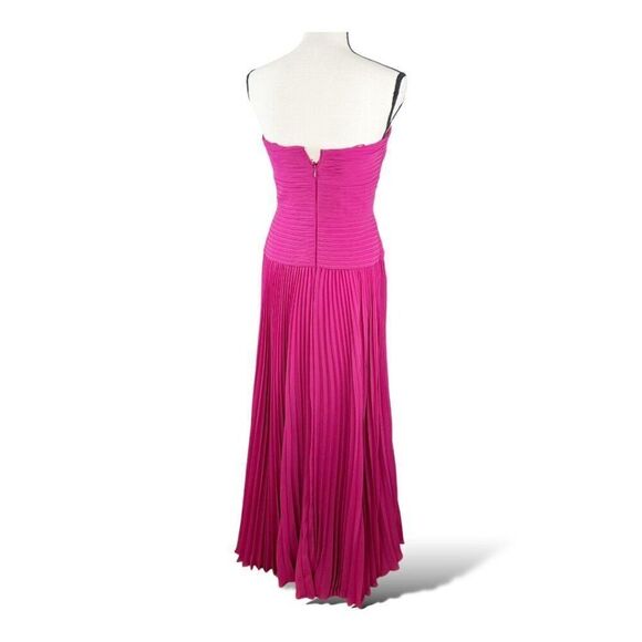 Carmen Marc Valvo Silk Strapless Fuchsia Gown With Ruffle Detail Pleated Skirt 4 - Picture 3 of 12